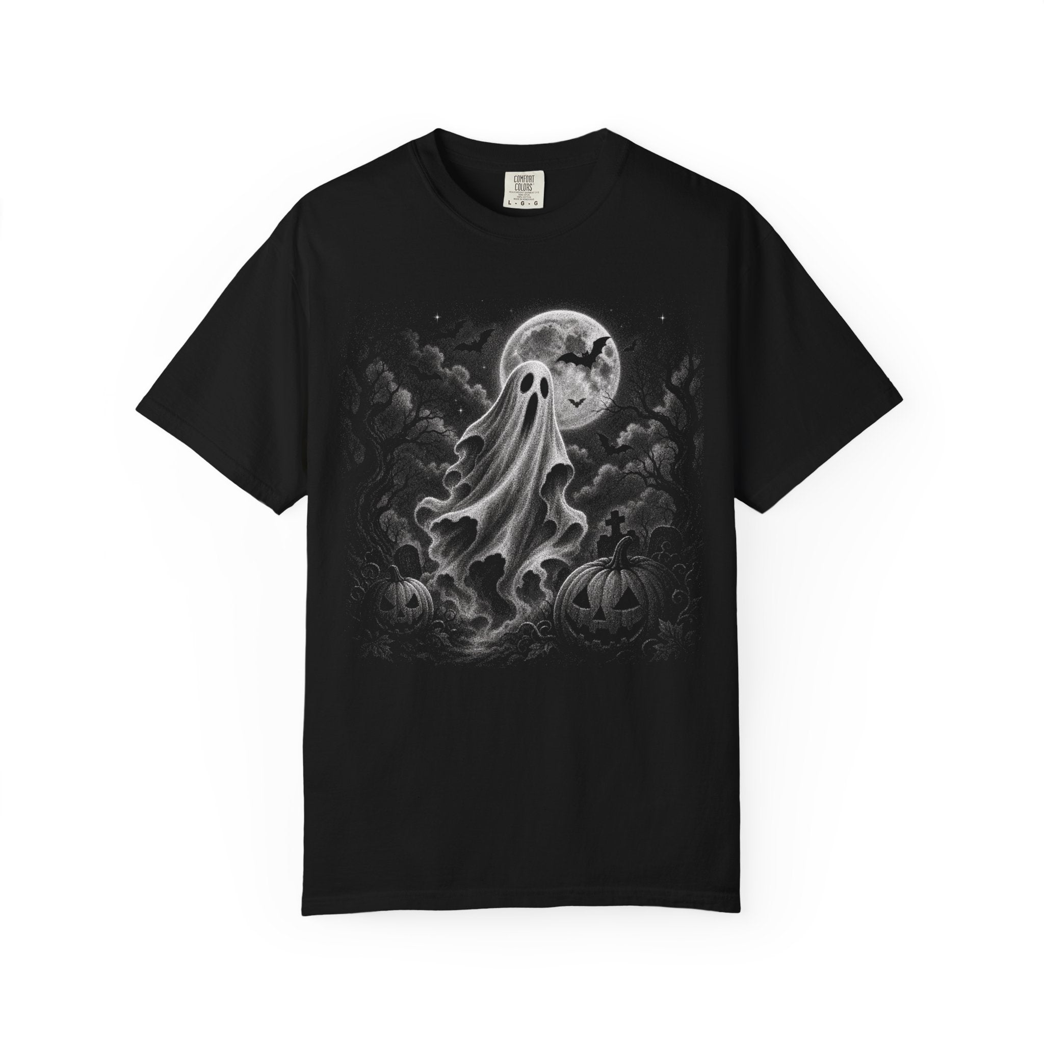 Ghost with Full Moon T-shirt | Halloween Spooky Moon Graphic